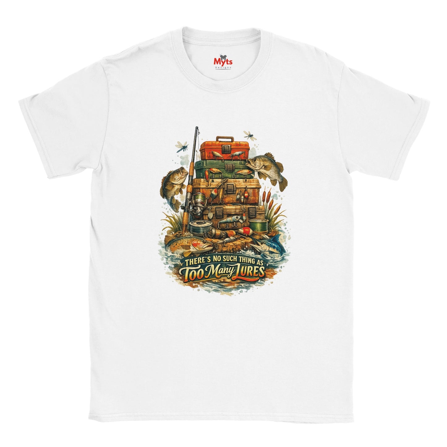 White t-shirt with fishing-themed graphic and 'Myts' branding on a white background