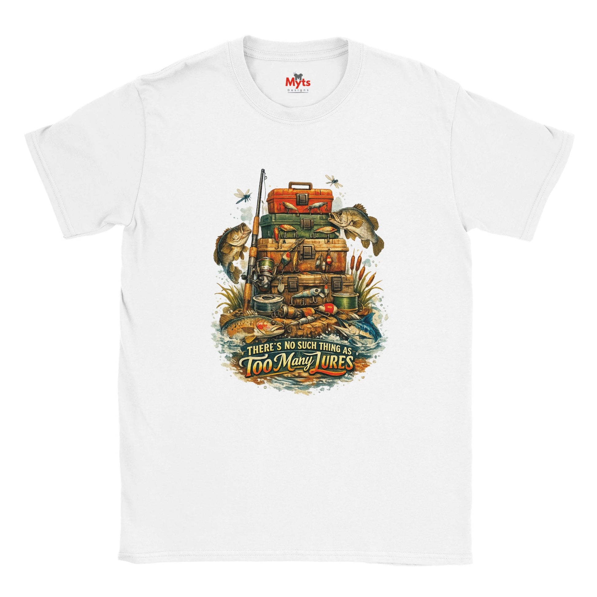 White t-shirt with fishing-themed graphic and 'Myts' branding on a white background