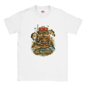 White t-shirt with fishing-themed graphic and 'Myts' branding on a white background