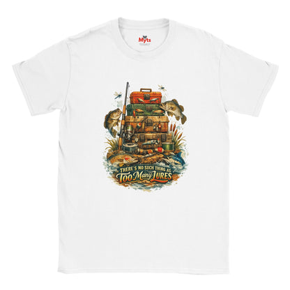White t-shirt with fishing-themed graphic and 'Myts' branding on a white background