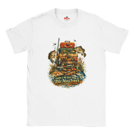 White t-shirt with fishing-themed graphic and 'Myts' branding on a white background