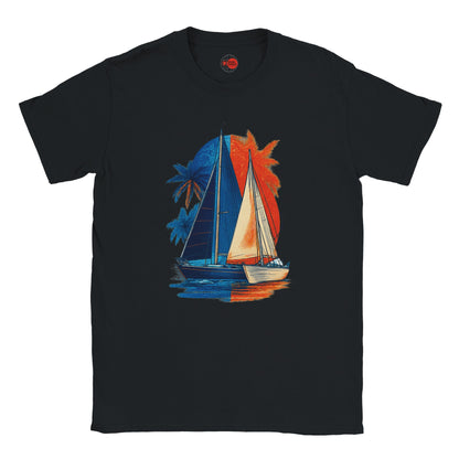 Black t-shirt with a colorful sailboat graphic on a white background