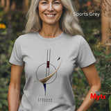 A smiling woman outdoors wearing a light gray short-sleeve t-shirt with a minimalist abstract graphic in black, beige, and blue, and the text 'UNBOUND UNBOUND' below. The text 'Sports Grey' is visible in the top right, and a red 'Myts' logo is in the bottom right.
