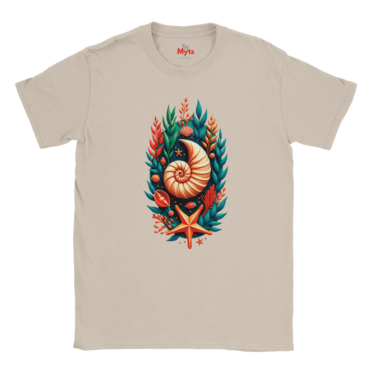 A  Naturtal crewneck t-shirt featuring a colorful graphic print of a nautilus shell surrounded by green seaweed and orange starfish elements, displayed on a clean white background.