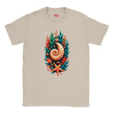 A  Naturtal crewneck t-shirt featuring a colorful graphic print of a nautilus shell surrounded by green seaweed and orange starfish elements, displayed on a clean white background.