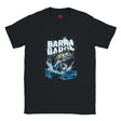 Black t-shirt with a graphic of a fish and 'Barra Barra' text on a white background
