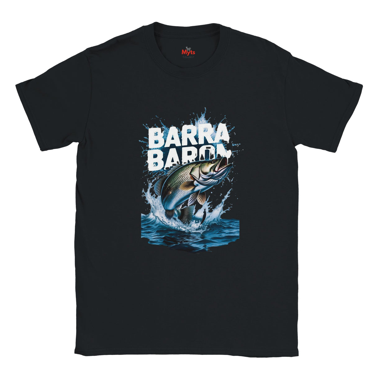 Black t-shirt with a graphic of a fish and 'Barra Barra' text on a white background
