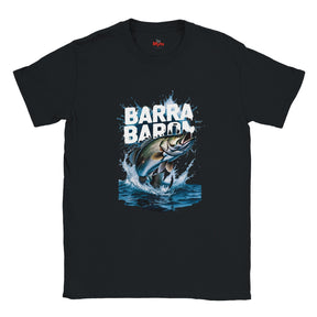 Black t-shirt with a graphic of a fish and 'Barra Barra' text on a white background