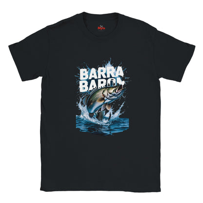 Black t-shirt with a graphic of a fish and 'Barra Barra' text on a white background