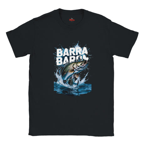 Black t-shirt with a graphic of a fish and 'Barra Barra' text on a white background