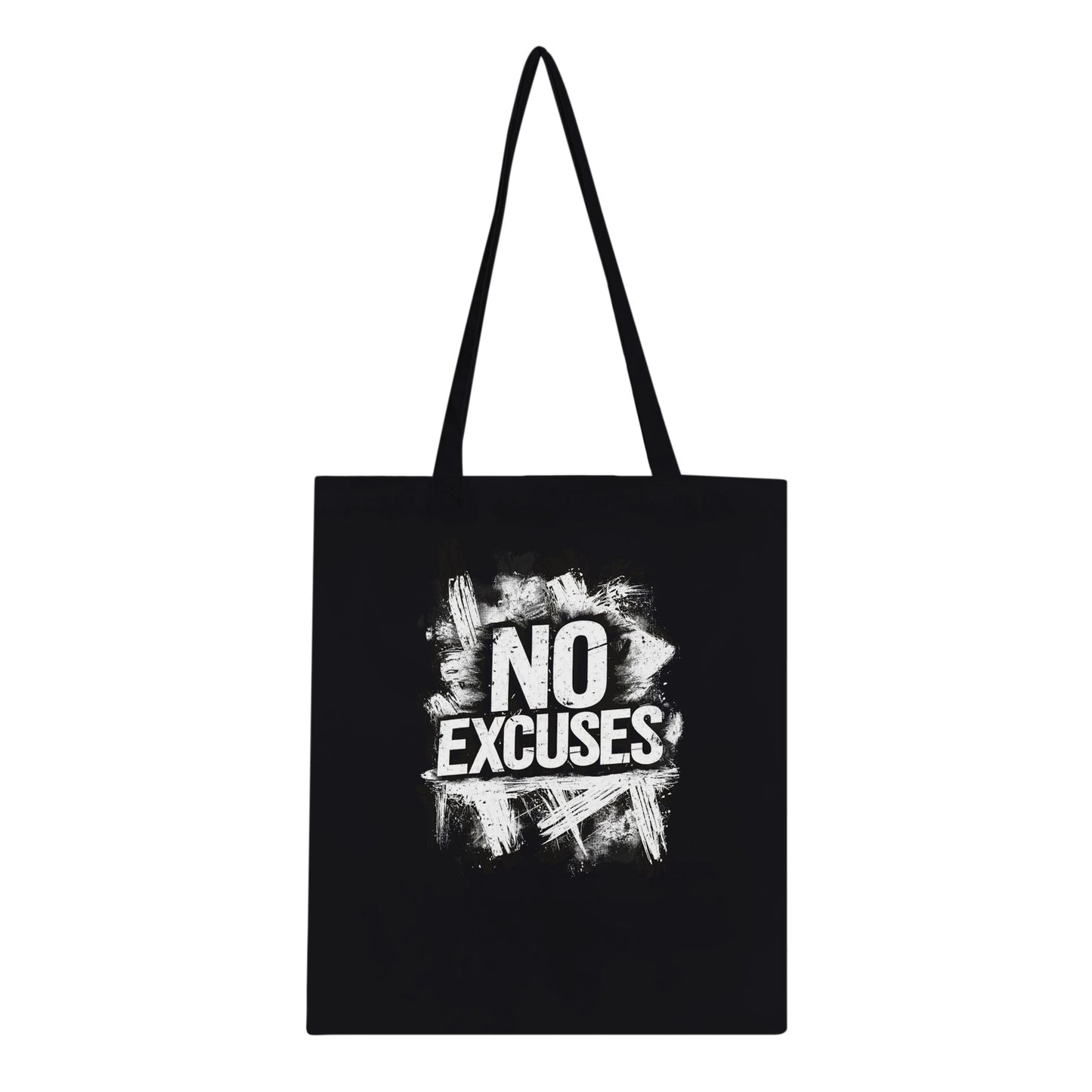 Black tote bag with 'NO EXCUSES' text on a white background