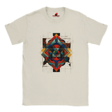 White unisex T-shirt featuring an intricate symmetrical geometric pattern in vibrant blues, oranges, reds, and metallic tones, tribal and modern art fusion design by MytsDesigns.com
