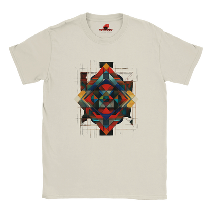 White unisex T-shirt featuring an intricate symmetrical geometric pattern in vibrant blues, oranges, reds, and metallic tones, tribal and modern art fusion design by MytsDesigns.com