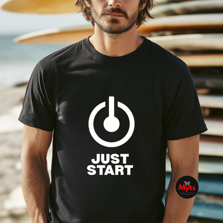 Minimalist Just Start motivational T-shirt with bold power button graphic on a black unisex tee