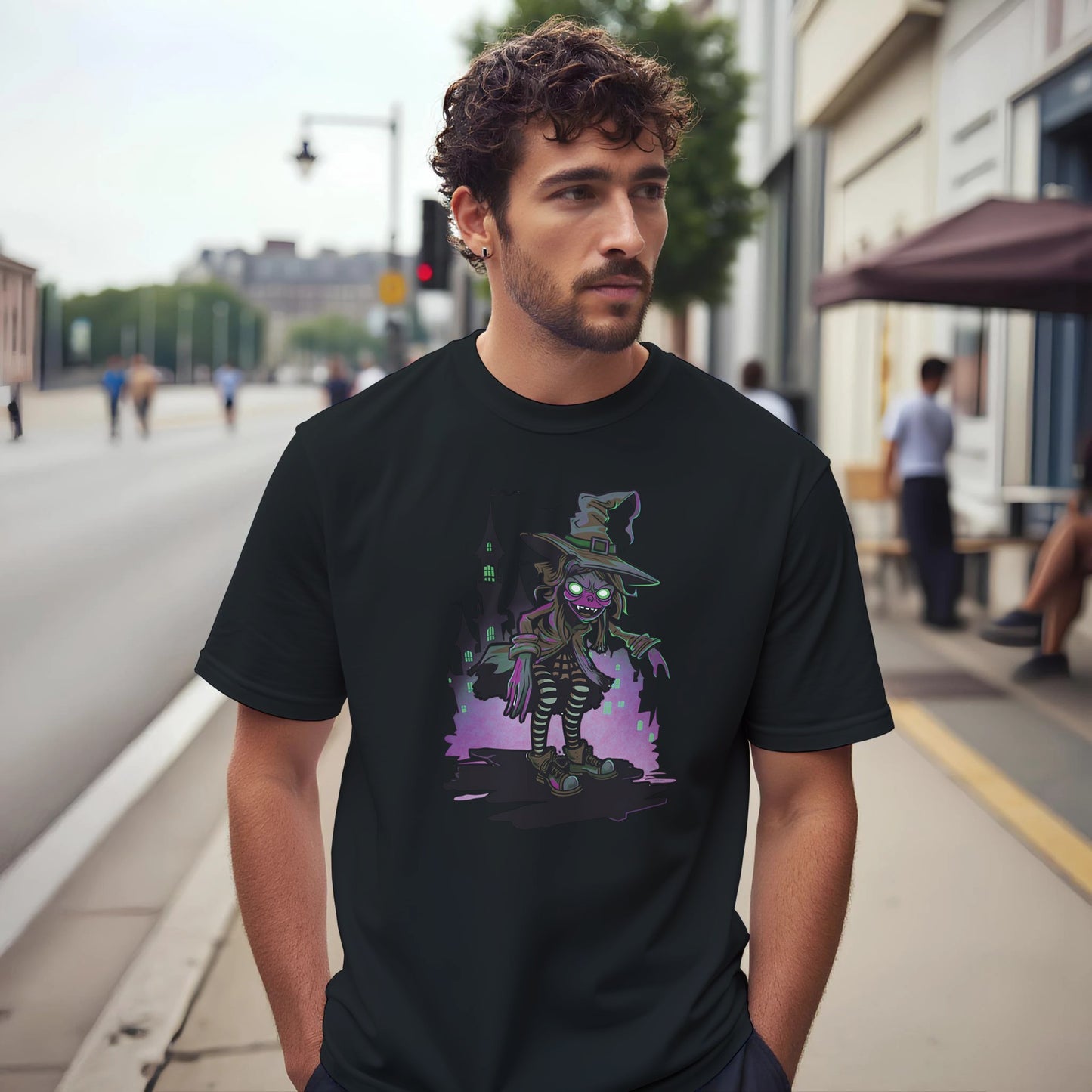 Man wearing a black t-shirt with a colorful graphic design on a city street.