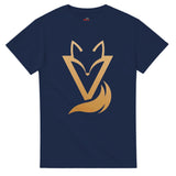 Navy T-shirt with a gold Fox & Tail V Logo minimalist design 