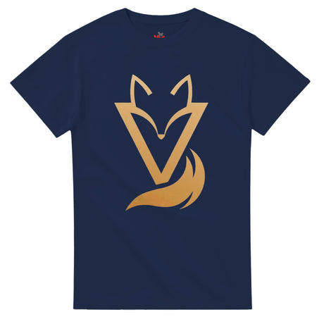 Navy T-shirt with a gold Fox & Tail V Logo minimalist design 