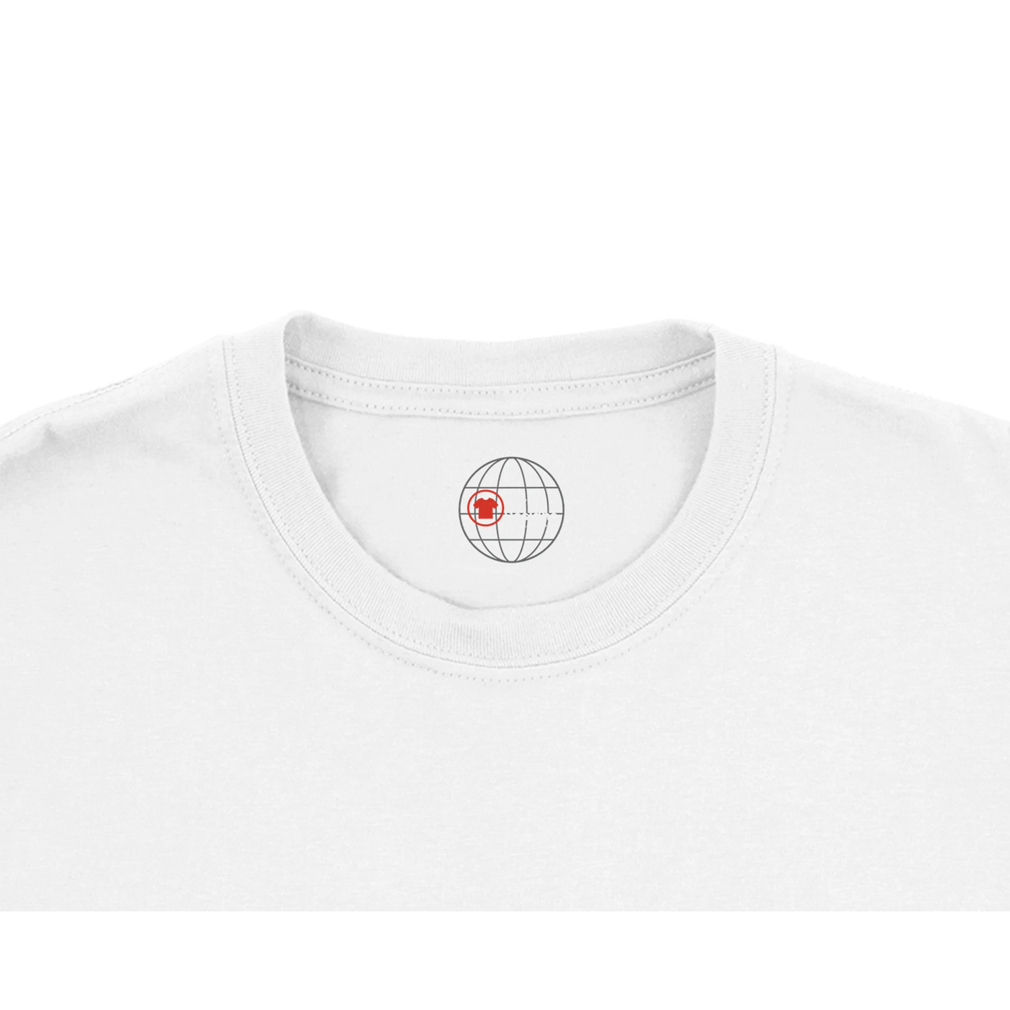 White t-shirt with a small logo on the collar against a white background