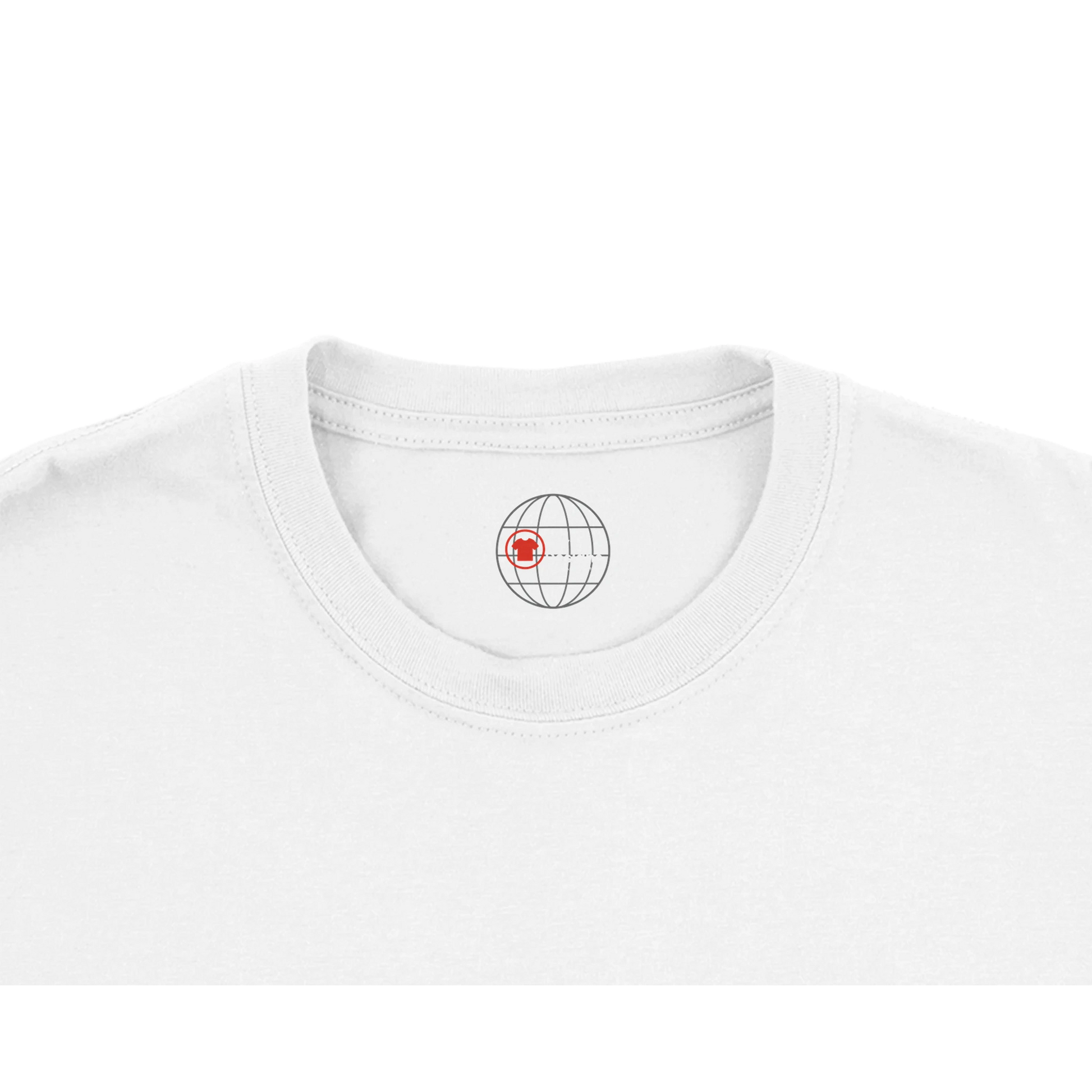 White t-shirt with a small logo on the collar against a white background