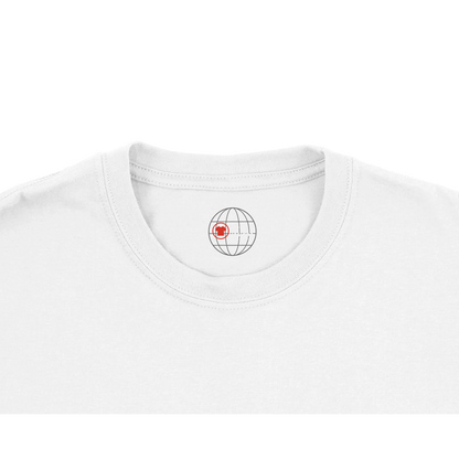 White t-shirt with a small logo on the collar against a white background