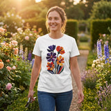 Woman wearing a white geometric wildflower T-shirt featuring colourful abstract flowers in purple, orange, yellow, navy and green with angular modern petals.