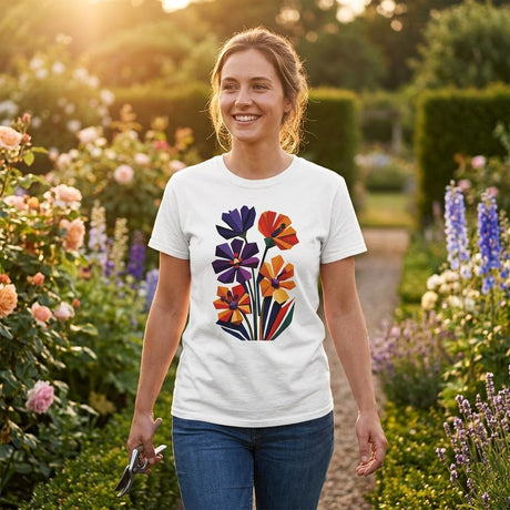 Woman wearing a white geometric wildflower T-shirt featuring colourful abstract flowers in purple, orange, yellow, navy and green with angular modern petals.