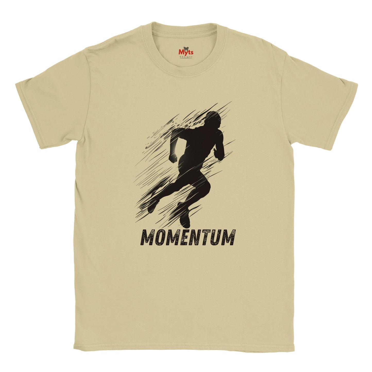 Beige t-shirt with black silhouette of a running person and 'Momentum' text on a white background