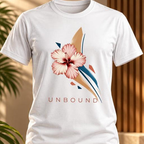 White UNBOUND hibiscus graphic T-shirt with blush-pink flower, abstract blue and beige shapes and coral lettering.
