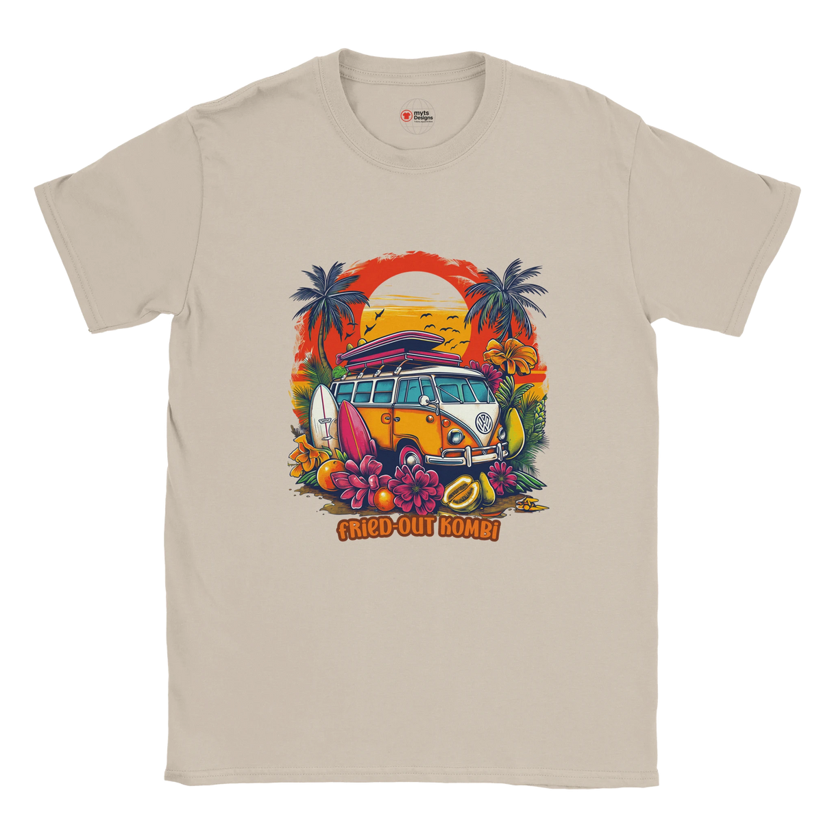 a beige T-shirt with a vibrant graphic of a retro yellow Kombi van, surfboards, tropical flowers, palm trees, and a bold orange sunset.