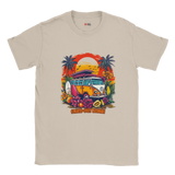 a beige T-shirt with a vibrant graphic of a retro yellow Kombi van, surfboards, tropical flowers, palm trees, and a bold orange sunset.