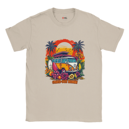 a beige T-shirt with a vibrant graphic of a retro yellow Kombi van, surfboards, tropical flowers, palm trees, and a bold orange sunset.