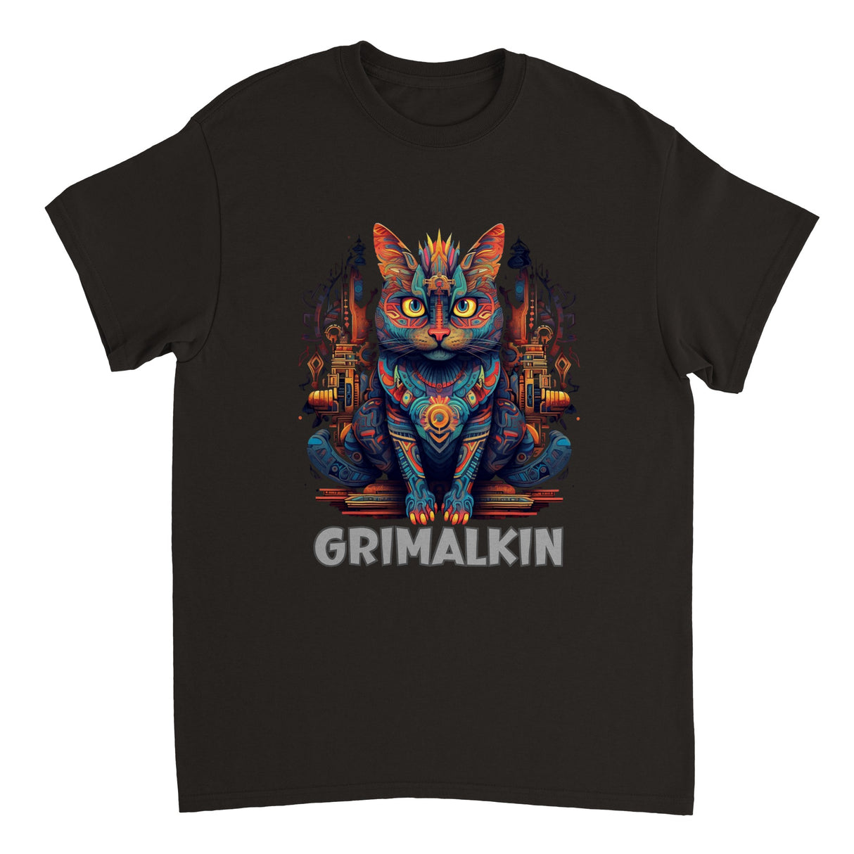 A black T-shirt featuring a colorful illustration of a cat with a fantasy-themed background, and the word 'GRIMLINK' printed at the bottom.