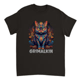 A black T-shirt featuring a colorful illustration of a cat with a fantasy-themed background, and the word 'GRIMLINK' printed at the bottom.