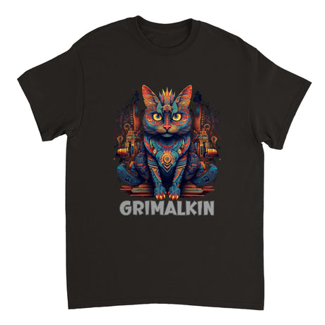 A black T-shirt featuring a colorful illustration of a cat with a fantasy-themed background, and the word 'GRIMLINK' printed at the bottom.