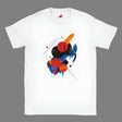 A white unisex t-shirt with a geometric space-inspired print featuring vivid colors.