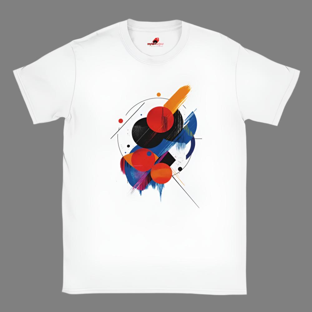 A white unisex t-shirt with a geometric space-inspired print featuring vivid colors.