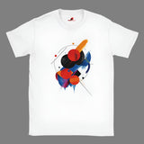 A white unisex t-shirt with a geometric space-inspired print featuring vivid colors.