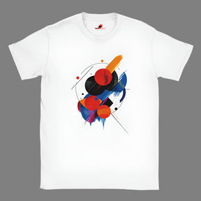 A white unisex t-shirt with a geometric space-inspired print featuring vivid colors.