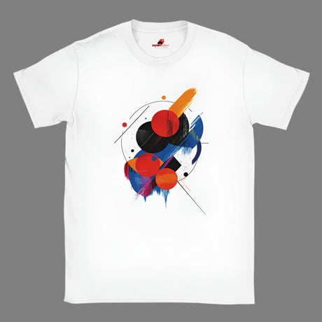 A white unisex t-shirt with a geometric space-inspired print featuring vivid colors.