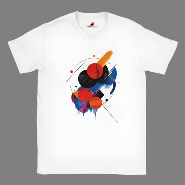A white unisex t-shirt with a geometric space-inspired print featuring vivid colors.
