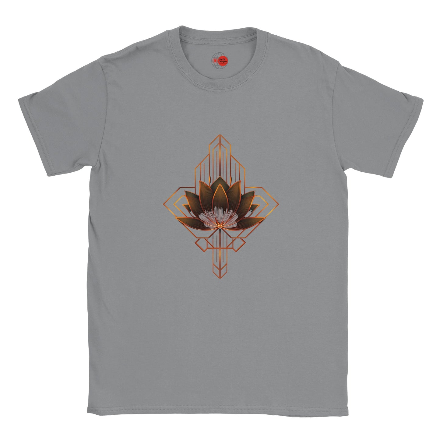Gray t-shirt with geometric lotus design on a white background