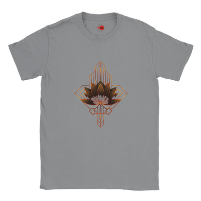 Gray t-shirt with geometric lotus design on a white background
