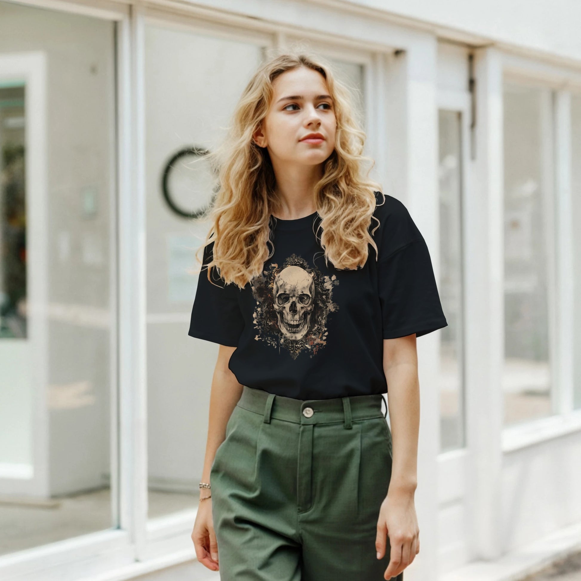 Woman wearing a black t-shirt with a skull design and green pants outdoors.