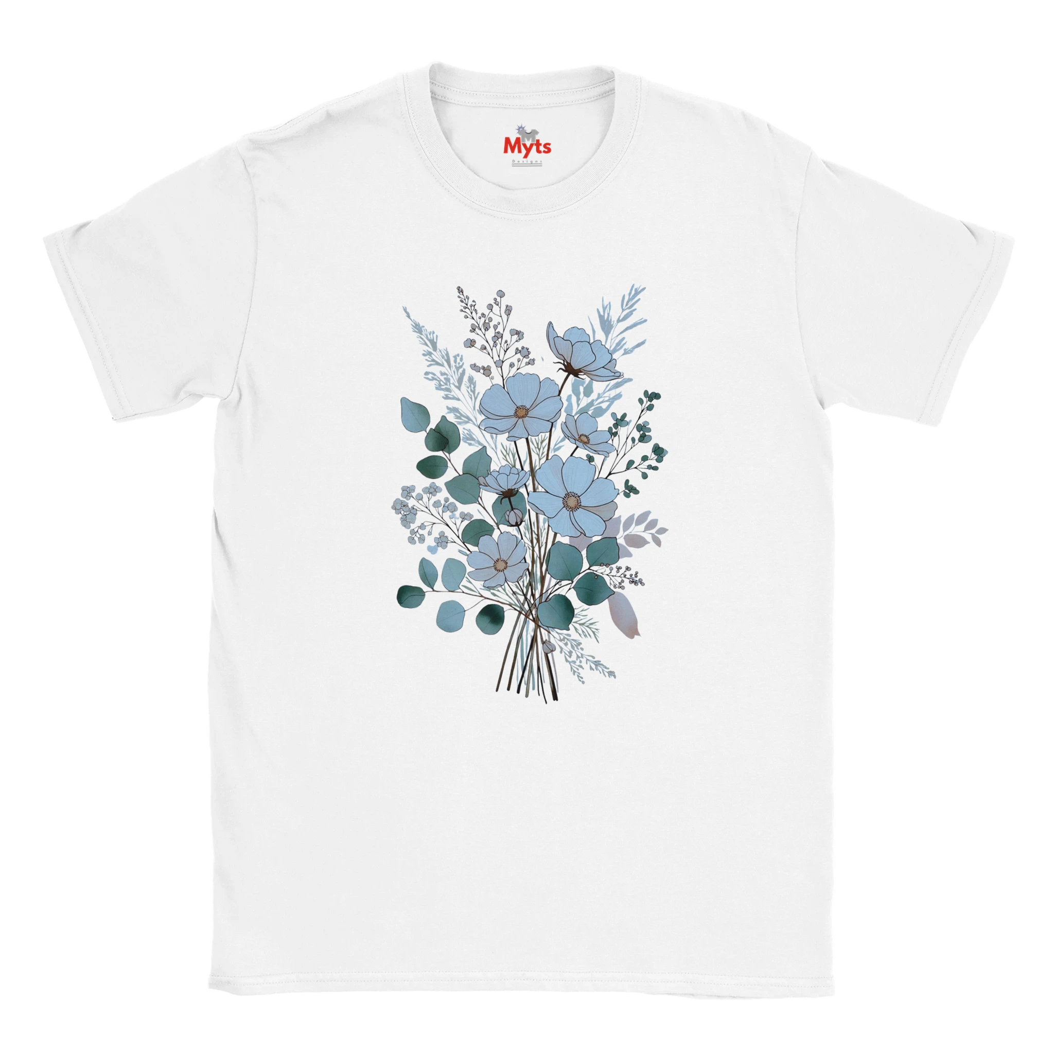A white short-sleeve crewneck t-shirt featuring a central graphic print of a bouquet of light blue flowers and green eucalyptus leaves, with a small red 'Myts' logo printed inside the collar.