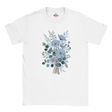 A white short-sleeve crewneck t-shirt featuring a central graphic print of a bouquet of light blue flowers and green eucalyptus leaves, with a small red 'Myts' logo printed inside the collar.