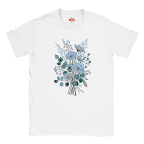 A white short-sleeve crewneck t-shirt featuring a central graphic print of a bouquet of light blue flowers and green eucalyptus leaves, with a small red 'Myts' logo printed inside the collar.