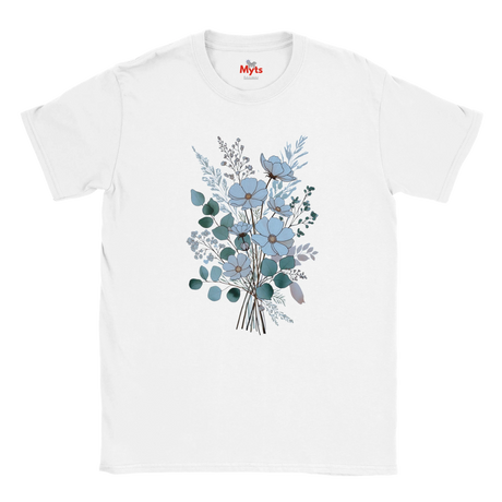 A white short-sleeve crewneck t-shirt featuring a central graphic print of a bouquet of light blue flowers and green eucalyptus leaves, with a small red 'Myts' logo printed inside the collar.