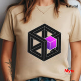 Natural t-shirt with a black geometric design featuring a purple cube, worn by a person.