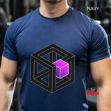 Person wearing a navy blue t-shirt with a geometric design, brand 'Myts' visible.
