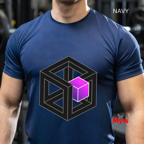 Person wearing a navy blue t-shirt with a geometric design, brand 'Myts' visible.